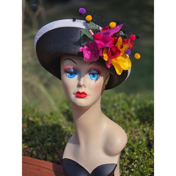 Shon Whittall Black White Straw Hat Floral Netting One Size Derby - Picture 1 of 6